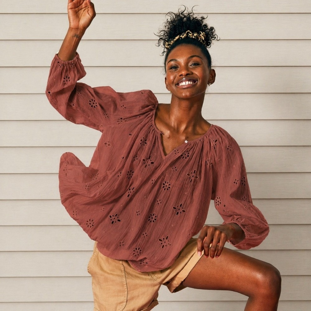 Aerie Blouse Floral M Medium Cottagecore Fairy Brown Oversized Eyelet Whimsigoth